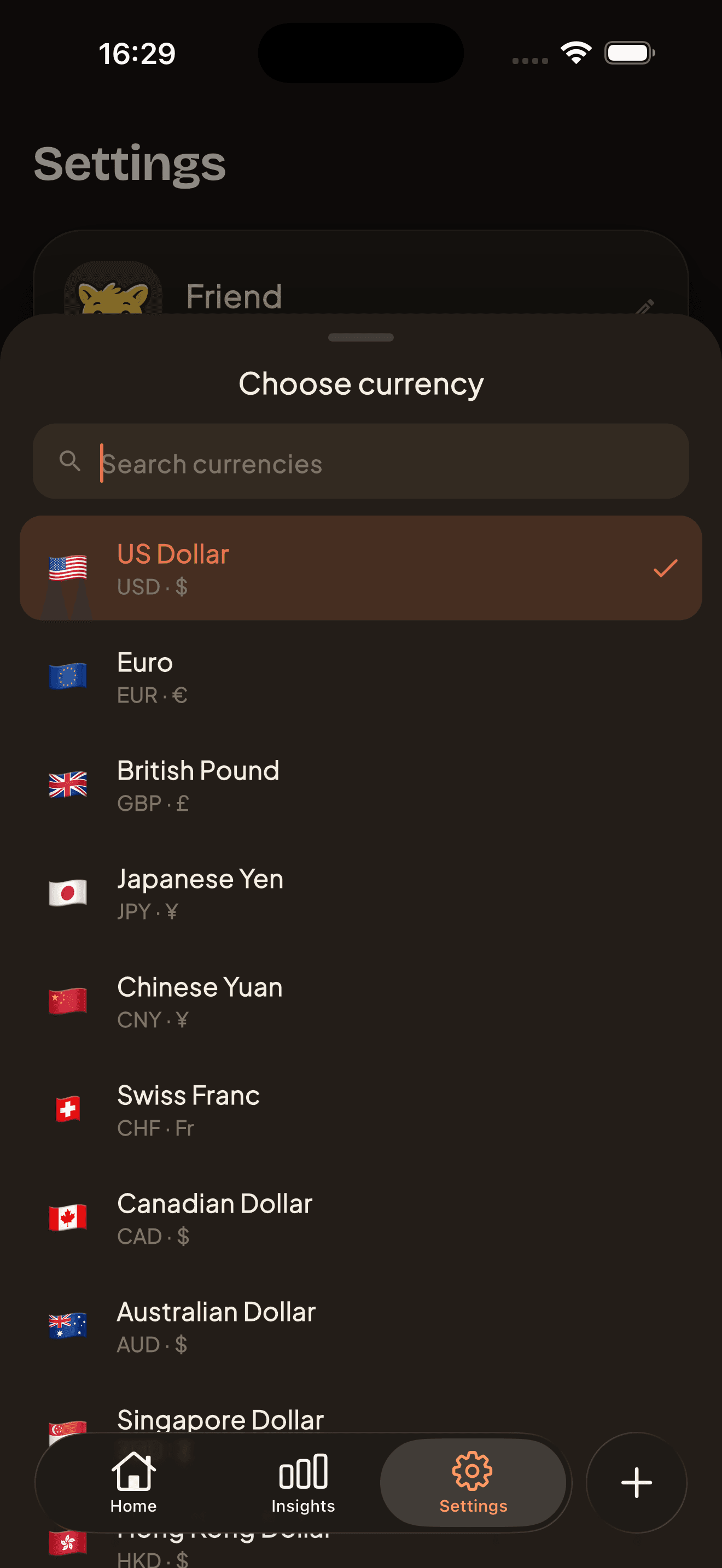 Currency picker listing US Dollar, Euro, British Pound, and more