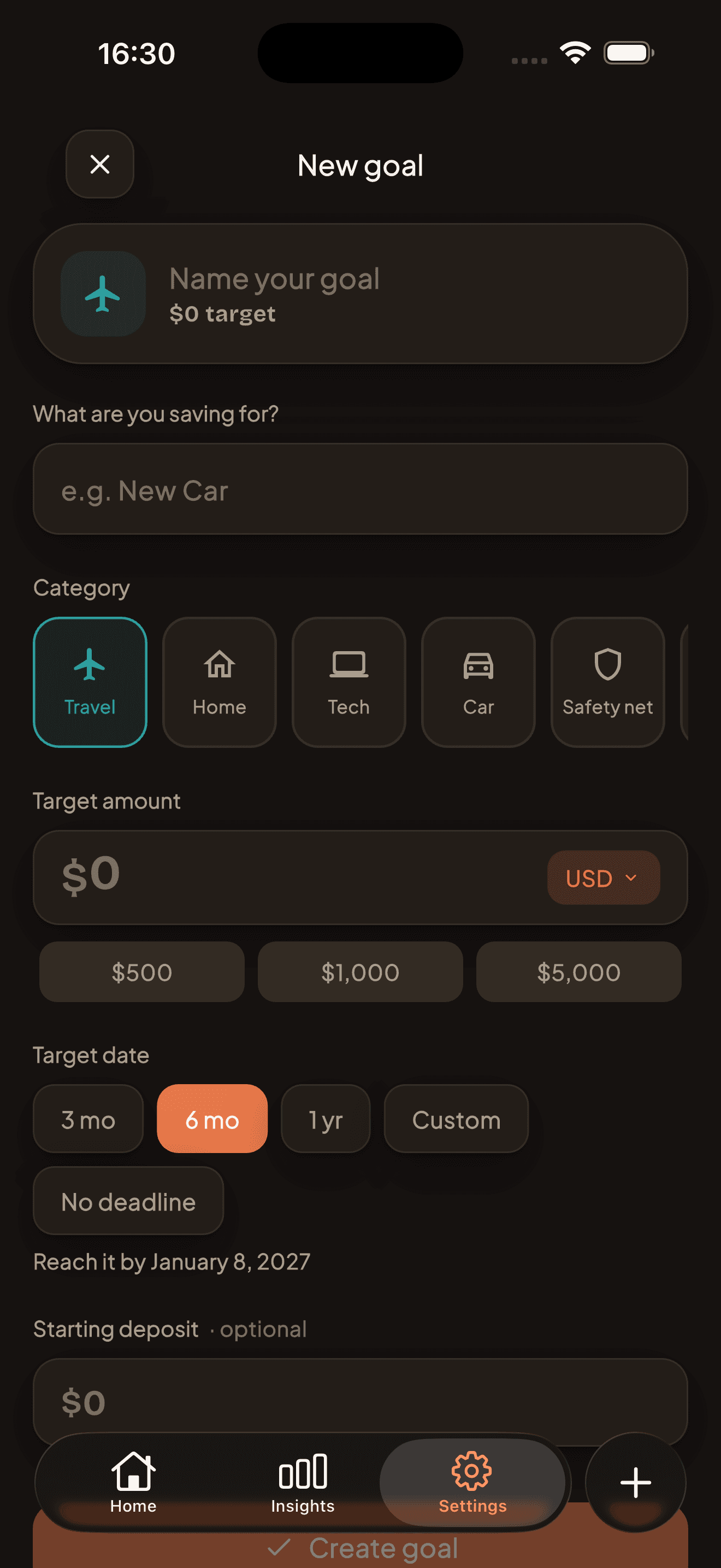 New goal screen with category picker, target amount, and target date